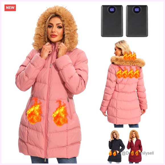 Jackets & Blazers - Heated Jacket with 2 Batteries & Faux Fur Hood, 4 Heating Zones